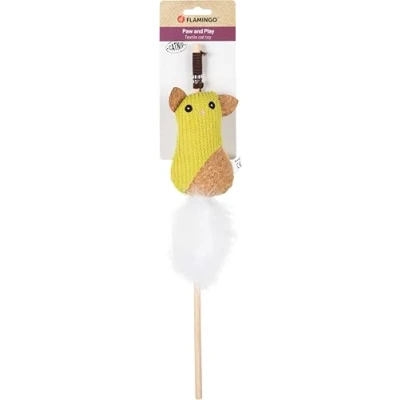 Imagen de Flamingo Juguete para Gato Lemmo caña de Pescar con Verde A:40cm B:55cm C:20cm D:4,5cm Aspecto Corcho Catnip y Plumas en Banda elástica