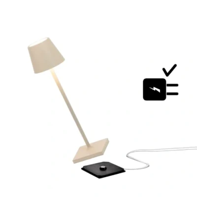 Imagen de Zafferano Poldina Pro Micro Lámpara LED Inalámbrica Recargable, Temperatura color 2200 2700 3000K, IP65 Uso Interior/Exterior, Aluminio H 27.5cm con Multicargador USB (EU/UK/US) Arena
