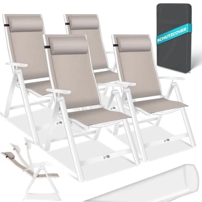 Imagen de KESSER® silla de jardín con respaldo alto reposabrazos, juego 4 sillas plegables aluminio almohada y funda, camping 7 posiciones, ajustable, transpirable