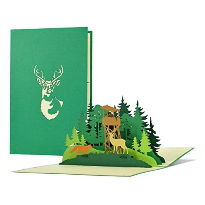 Imagen de Tarjeta de cumpleaños para cazadores, silvicultores con bosque emergente en 3D, ciervo, zorro cupón, invitación a cazar, regalos hombres pruebas caza, licencia H31