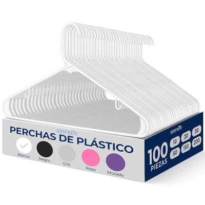 Imagen de SereneLife Perchas, Blancas, Standard, plastico, 100 Piezas, Perchas de Ropa Adultos, ahorran Espacio, duraderas