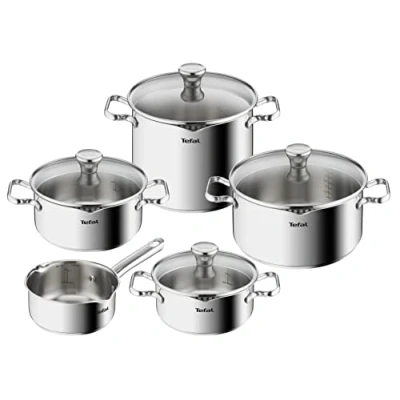 Imagen de Tefal A705S9 Duetto Juego de ollas 9 piezas apta para inducción acero inoxidable robusto y alta calidad respetuoso con el medio ambiente tapa filtro apto horno hasta 260 C