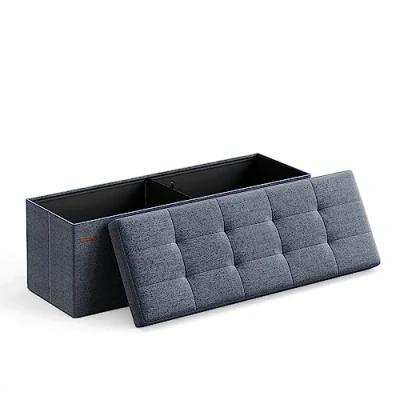 Imagen de Songmics Puff Almacenaje, Baúl de Almacenaje Plegable, 38 x 110 cm, Taburete Reposapiés, Banco Cubo, Soporta hasta 300 kg, para Sala Estar, Dormitorio, Entrada, Azul Niebla LSF077Q01