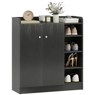 Imagen de HOMCOM Zapatero Armario Madera Mueble Gabinete 2 Puertas 4 Estantes Baldas Interiores Ajustables 83x30x90cm Negro