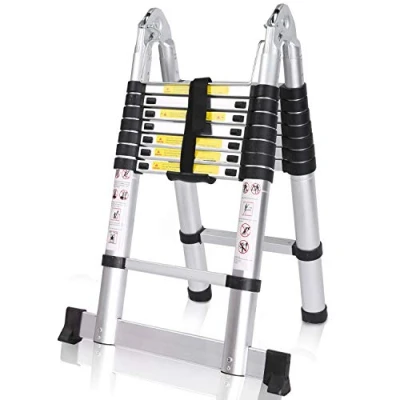 Imagen de MEYKEY Escalera telescópica Plegable Multiusos Extensible portátil, Carga máxima 150 kg, Color Plateado