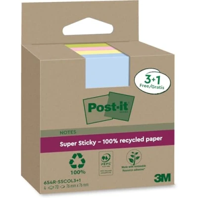 Imagen de Post it Super Sticky Notas Recicladas, 3 Blocs/Paquete + 1 GRATIS, 70 Hojas por Bloc, 76 mm x mm, Rosa, Verde, Azul, Amarillo Extra Adhesivas Fabricadas con Papel 100% Reciclado