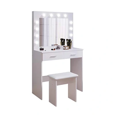 Imagen de Jooli H Tocador Mesa de Maquillaje con Hollywood LED Espejo, 2 Cajones Grandes y Taburete, Blanco, 80x40x140cm