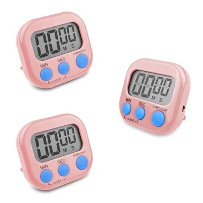 Imagen de Fousenuk 3 Piezas Temporizador Cocina Digital Rosa, Cronometro con Pantalla LCD Grande, Timer Alarma Fuerte, Reloj Respaldo Magnético para Estudiar Trabajar