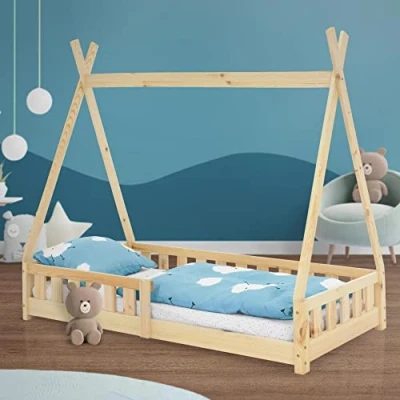 Imagen de ML Design Cama Infantil Tipi 80x160 cm con Protección Anticaída y Somier Estructura Listones de Madera Pino Maciza Color Natural Forma Casa Mobiliario Juego Tienda Campaña