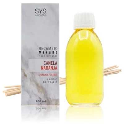 Imagen de Ambientador Mikado Canela Naranja 200ml. SYS Aromas. Difusor de Varillas Perfumadas. con Palitos Ratán. Aroma notas afrutadas y dulces. Fragancia duradera.