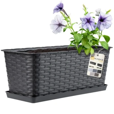 Imagen de KADAX Maceta de Plástico Imitación Ratán para Exterior, Macetero Rectangular con Platillo Ventana, Jardinera Balcón (Antracita, 40 cm)