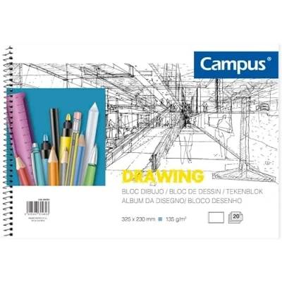 Imagen de Campus Bloc de Dibujo A4 Cuaderno Bocetos con Espiral 20 Hojas 130 gramos en Blanco para Carboncillo, Lápiz, Ceras o Pastel