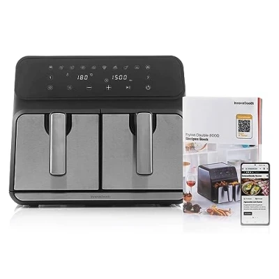 Imagen de InnovaGoods® freidora sin Aceite 8L, air fryer 3400W, 100 recetas en ES, aire con 10 programas, pantalla táctil, temporizador y flujo de 360 airfryer 2 zonas cocción independientes