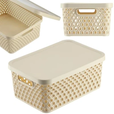 Imagen de KADAX cesta de almacenamiento, con tapa, caja almacenamiento plástico, moderna orificios ventilación (4,5 L, beige)