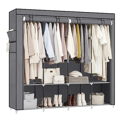 Imagen de SONGMICS Armario de Ropa, Tela Portátil, con 4 Barras para Colgar, Estantes, Bolsillos Laterales, 45 x 170 167 cm, Espacioso Dormitorio, Salón, Gris RYG094G02