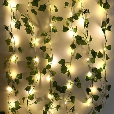 Imagen de 1 cadena de luces LED hiedra artificial, con hojas, 5 m, guirnalda falsa 50 LED, interior, hoja verde