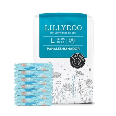 Imagen de Pañales bañador LILLYDOO desechables, respetuosos con la piel, para bebés talla L (14+ kg), 1 paquete (17 unidades) diseño acuático, una protección segura en el agua