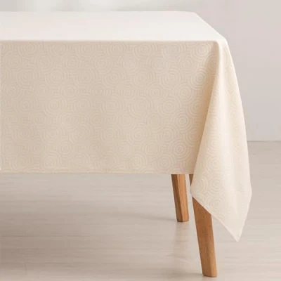 Imagen de GAMUSI Mantel Antimanchas Mesa Cuadrada Jacquard Impermeable 140x140 cm, Tacto Tela, Color Crudo Ring