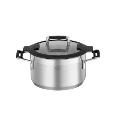 Imagen de RÖSLE SILENCE PRO Cazuela, cazuela universal de acero inoxidable 18/10, 20 cm, tapa cristal, escala interna, apta para inducción, lavavajillas