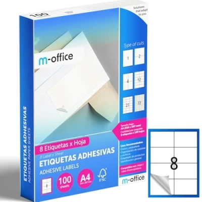 Imagen de M office Etiquetas Adhesivas A4 compatible con Label Printer, Pegatinas Blancas para Uso Diario, Papel Adhesivo Imprimir, Escribir (8 por hoja, 100h)