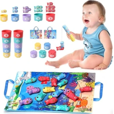 Imagen de JoyJoyful Juguetes Niños 1 Año, Pesca Bebes 6 12 Meses, Montessori con 15 Peces Tela, Cubos Apilables, Bolsa, Regalo Niño 2 3 Años de Cumpleaños Navidad