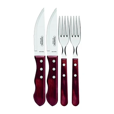 Imagen de TRAMONTINA Juego de Cubiertos Churrasco, para Carne, en Acero Inoxidable y Mangos Madera Polywood Color Rojo, Utensilios con Remaches, 4 Piezas