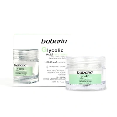 Imagen de Babaria Crema Facial Ácido Glicólico en Liposomas, Renovación Celular, Hidratación Intensa, Antiedad, con Bisabolol, Raíz de Jengibre, Esteroles y Vitamina E, Uso Diario Noche 50 ml