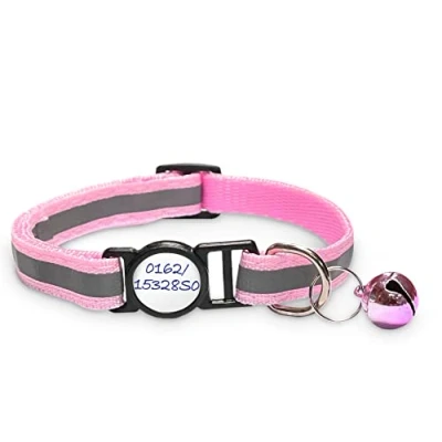 Imagen de Girafus collar de gato con cierre seguridad, 5 pegatinas para nombre, cascabel/reflectante/para Tracker seguridad gatos rosa