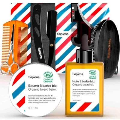 Imagen de Kit barba Hombre Sapiens Barbershop de Cuidado y Afeitado con Navaja Afeitar Barbero, Aceite Balsamo BIO, Cepillo barba, Peine Plantilla, Tijeras, Bolsa