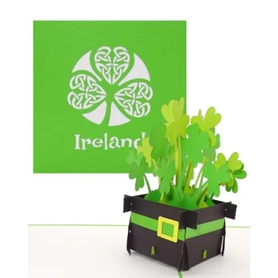 Imagen de tarjeta pop up &quot;Irlanda Irish Shamrocks&quot; de felicitación en 3D Ireland como souvenir, cumpleaños, carné viaje, invitación y viajes redondos Irlanda
