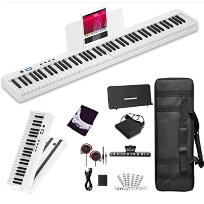 Imagen de Piano plegable eléctrico teclado con soporte de tamaño completo Mejora madera grano sensible al tacto 88 teclas digital Bluetooth MIDI piano(blanco)