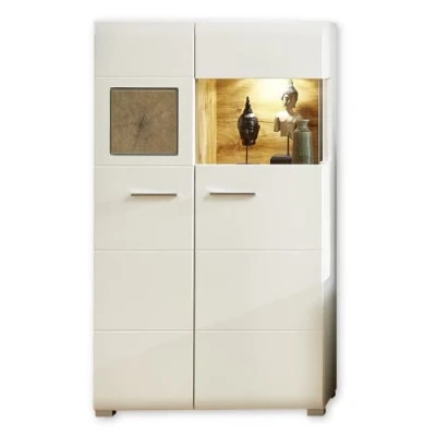 Imagen de Stella Trading Fun Plus vitrina pequeña blanca con bonitas aplicaciones en madera de testa, iluminación led incluida, 80 x 139 37 cm (ancho/alto/profundo)