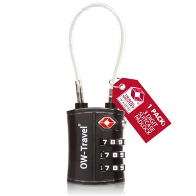 Imagen de OW Travel candado Combinacion Cable Acero Flexible Anti robo. maleta TSA numerico 3 Digitos. Candados mochila y maletas. Taquilla Gimnasio. seguridad equipaje Negro 1