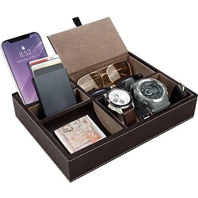 Imagen de BELLE VOUS Bandeja para Dejar Llaves Cuero Sintético Marrón 5 Compartimentos Organizador Cómoda/Mesa de Noche Recibidor Billetera, Teléfono, Joyas, Dinero, Gemelos Vacía Bolsillo