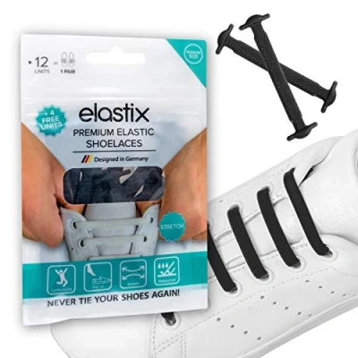 Imagen de Elastix Cordones elásticos de goma sin atar para adultos Bandas silicona lazos en planos el ocio y deporte, Negro, Talla única