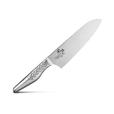 Imagen de KAI Seki Magoroku Shoso Santoku 16,5 cm longitud de la hoja acero inoxidable 5CR15MoV 56 (±1) HRC afilado convexo mango 18 8 con patrón rombos Hecho en Japón
