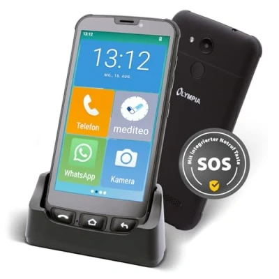 Imagen de Olympia Neo Mini Smartphone Senior Pantalla de 5 Pulgadas Botón Llamada Emergencia y audífonos Compatible Whatsapp &amp; Mediteo preinstalado Teléfono móvil para Personas Mayores sin