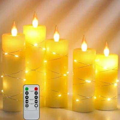 Imagen de Da by velas LED, con luces de cadena integradas, LED 5 piezas, control remoto 10 teclas, función temporizador 24 horas, llama danzante, cera real, funciona pilas.