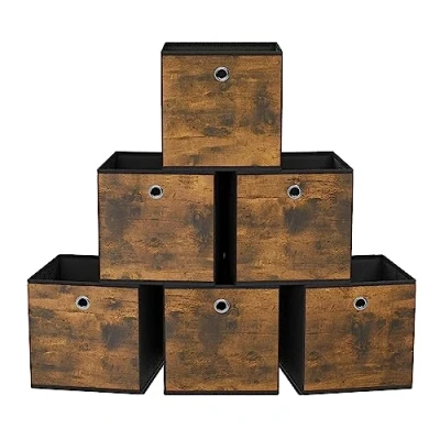 Imagen de SONGMICS Caja Almacenaje, Juego de 6 Cajas Almacenamiento con Asa, Organizadora Tela Oxford y no Tejida, 26 x 28 cm, Ajustable, Plegable, Marrón Rústico Negro RFB126B01