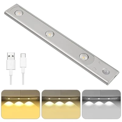 Imagen de Jinlaili Luz LED Armario con Sensor Movimiento, 3 Modos USB Recargable, Lámpara Nocturna Tira Magnética Adhesiva, Regulable Luces de Noche para Pasillo, Escalerav, Cocina, Garaje