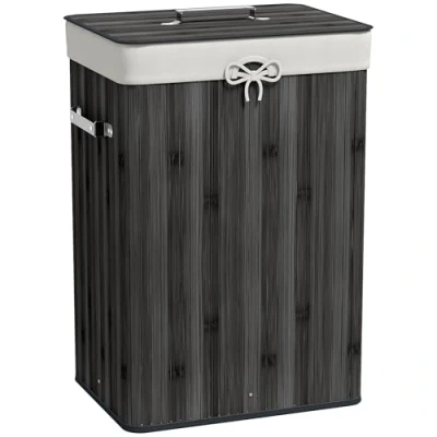 Imagen de HOMCOM Cesto para Ropa Sucia Plegable de Bambú con Tapa Asas y Bolsa Extraíble Baño 40x30x60 cm Gris Oscuro