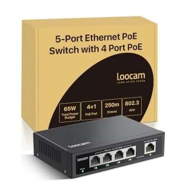 Imagen de Loocam Switch PoE de 5 Puertos, 4 Puertos PoE+ con 1 Puerto Uplink, 10/100Mbps Ethernet No Gestionado 100 Mbps, 65W IEEE802.3af/at, Carcasa Metálica, Plug &amp; Play