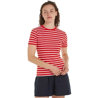 Imagen de Tommy Hilfiger Camiseta de Manga Corta Mujer New Slim Cody Cuello Redondo, Multicolor (Breton Fierce Red/Ecru), L