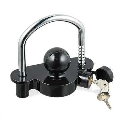 Imagen de Relaxdays Candado Remolque, Protección Antirrobo, Sistema de Seguridad para Enganches, 2 Llaves, Negro/Plateado, Acero, 14,5 x 15,5 7,5 cm