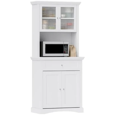 Imagen de HOMCOM Alacena de Cocina Moderna Armario con 1 Cajón 2 Puertas Vidrio y Estantes Ajustables Carga 50 kg para Comedor Salón 79x40x180 cm Blanco