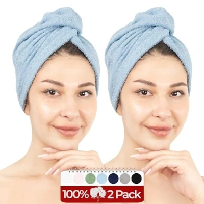 Imagen de Hammetex Toallas de pelo 100% algodón para mujer, 2 unidades, mullidas y absorbentes rápidas, secado rápido, turbante con botón, color azul claro