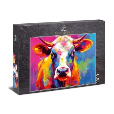 Imagen de Ulmer Puzzleschmiede Puzzle de Vacas 1000 Piezas, Colorido MUH Retrato Vaca sobre Fondo Abstracto Animales