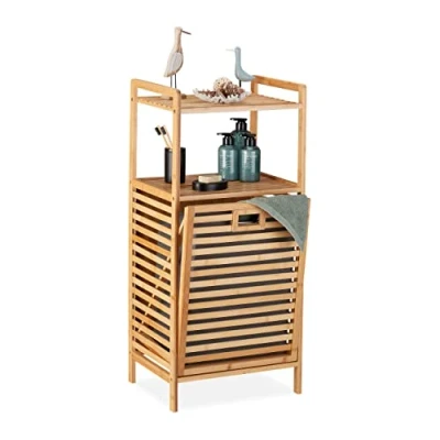 Imagen de Relaxdays Ropa Estantería Baño con Cesta para Colada, 2 Baldas, 96 x 44 33 cm, Tapa Abatible, Bambú y Tela, Natural Gris