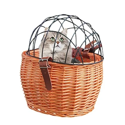 Imagen de Bagima Cesta para Bicicletas de Mimbre Guardar el Manillar la Bicicleta con Correas Cuero, Delantera Mascotas, Carga Delantero