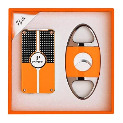 Imagen de PIPITA Juego de Encendedor para cigarros (2 Piezas/Set),4 Rojo Llamas Gas Butano Recargable con perforador y Cortador Regalo portátil Ligero (Negro)
